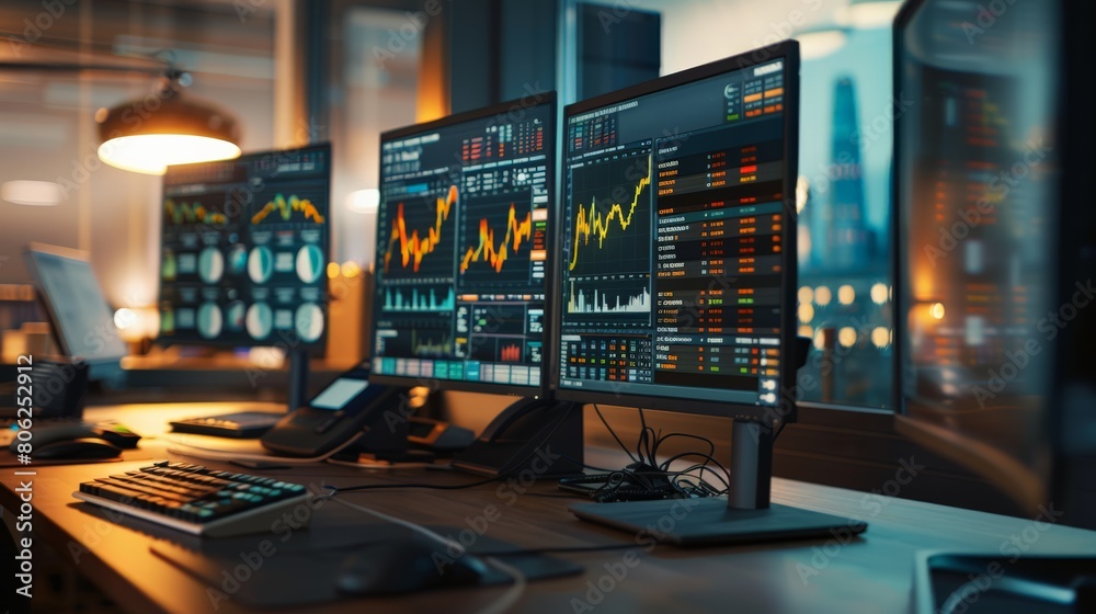 Multiple trading screens glowing in a dark trading room. Financial market analysis in action Multiple trading screens glowing in a dark trading room. Financial market analysis in action