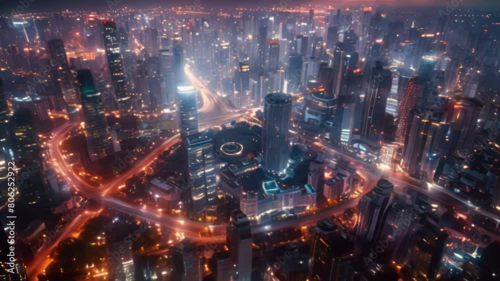 A time-lapse image of a city is paired with a business data analytics dashboard in an overlay composition. Seamless integration of finance and technology into modern business concepts.