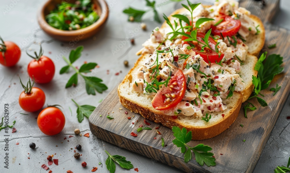 lightweight slices of a sandwich spread on a chopping board lightweight slices of a sandwich spread on a chopping board