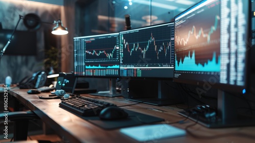 Sophisticated trading room with illuminated monitors showing market stats. High-tech finance and investment workspace