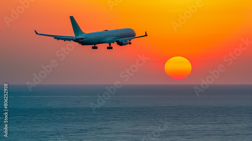 A white airplane is flying over the ocean at sunset. The sky is filled with a warm orange glow, and the water is calm and serene. Concept of freedom and adventure