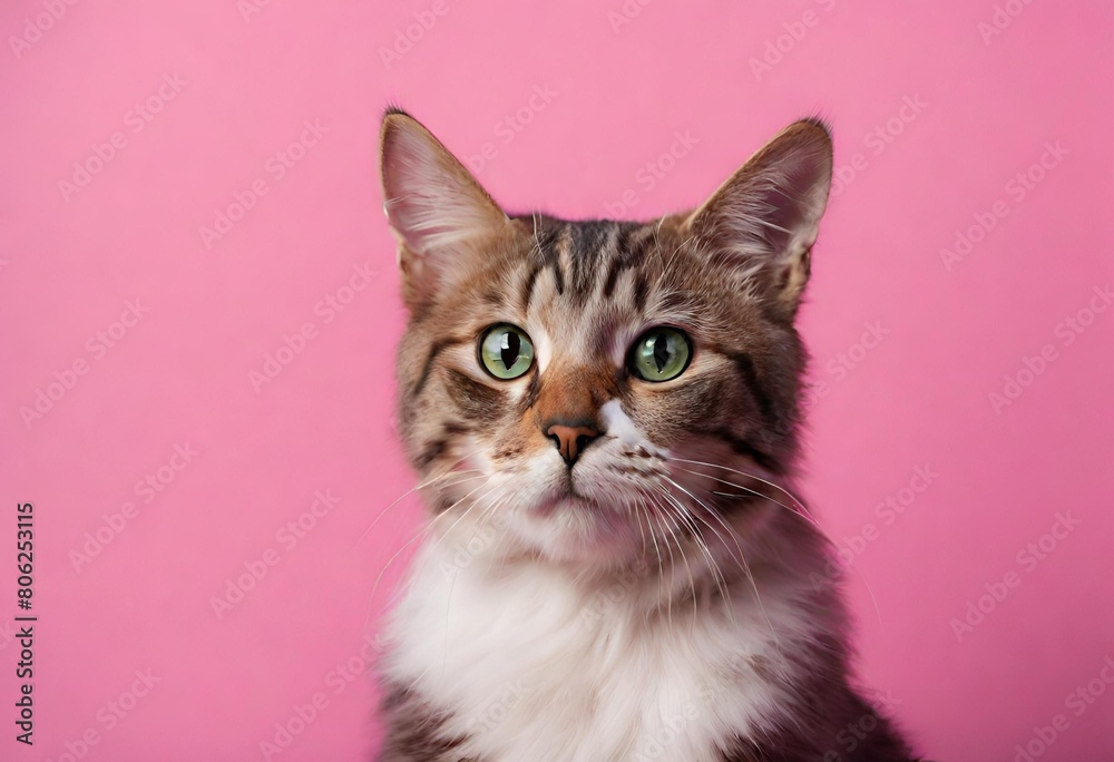 Gato con ojos verdes sobre un fondo de color rosado