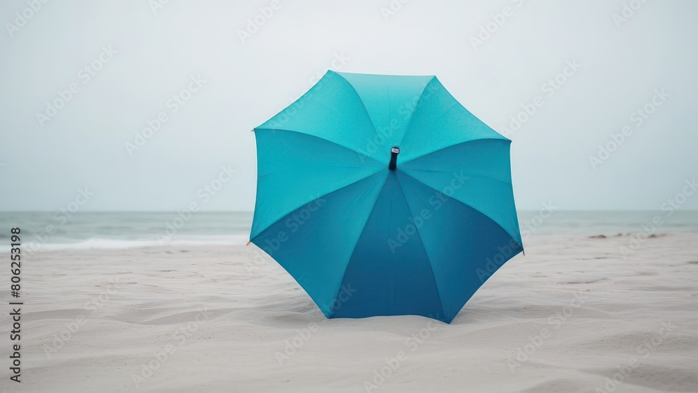 A blue beach umbrella stands out against the azure waters and sandy shores, creating a lively and inviting scene A blue beach umbrella stands out against the azure waters and sandy shores, creating a lively and inviting scene