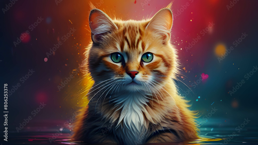 orange cat with white chest in water wallpaper, cute cat on colorful wallpaper, painting of orange cat with green eyes on soft background, cute cat in colorful water