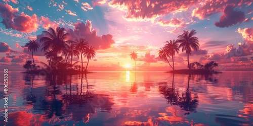 Colourful Sunset on a Paradise Island with Palm Trees  Silhouettes and Glossy Reflective Water.