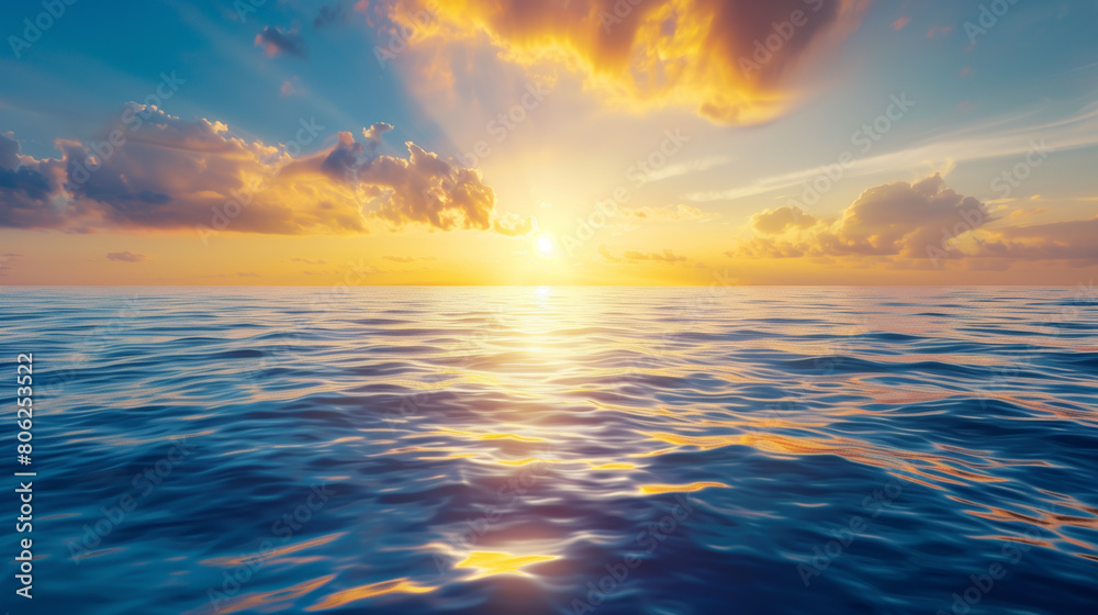 The sun is shining on the ocean, creating a beautiful and serene scene. The water is calm and the sky is clear, making for a perfect day to relax and enjoy the view