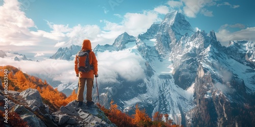 Lone hiker standing in front of a panorama in the mountains