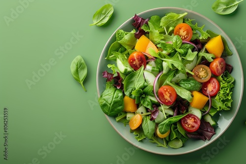 A green plate with a salad of lettuce, tomatoes, cucumbers, and onions, free space for text photo