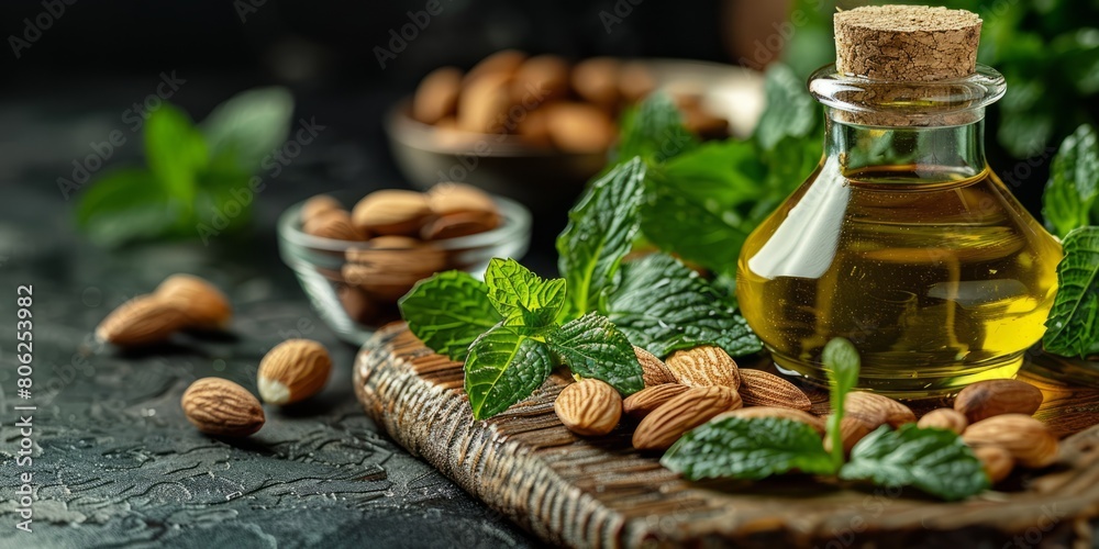 Close-up of a chopping board with fresh mint, almonds and olive oil Close-up of a chopping board with fresh mint, almonds and olive oil