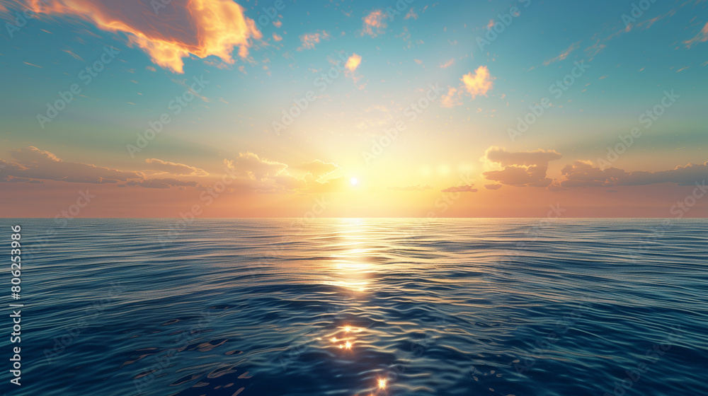 Fototapeta premium The sun is shining on the ocean, creating a beautiful and serene scene. The water is calm and the sky is clear, making for a perfect day to relax and enjoy the view
