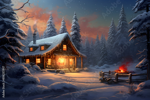 illustrated house in the snow  snowy hoouse in nature illustrated with bon fire burning on the front porch