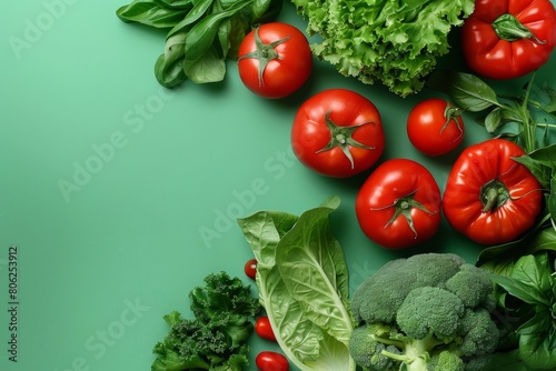 A green background with a variety of vegetables including tomatoes  lettuce  free space for text