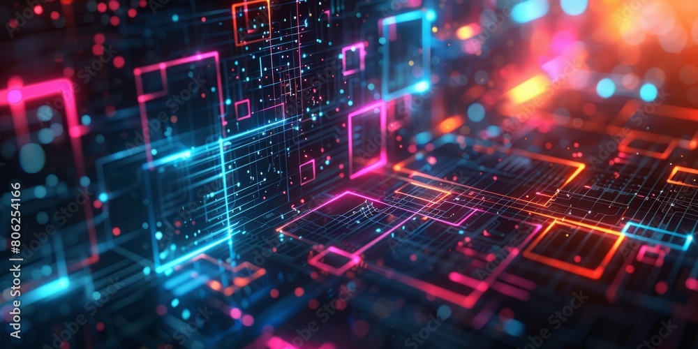 abstract illustration of geometric shapes and structures in colorful neon colors and lights in cyberspace against dark background abstract illustration of geometric shapes and structures in colorful neon colors and lights in cyberspace against dark background