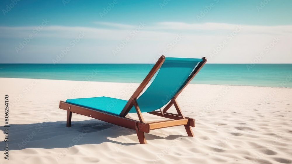 solitary striped beach chair sits invitingly on a pristine sandy beach. The brilliant blue sea in the background contrasts starkly with the vibrant blue stripes, Travel and vacation solitary striped beach chair sits invitingly on a pristine sandy beach. The brilliant blue sea in the background contrasts starkly with the vibrant blue stripes, Travel and vacation