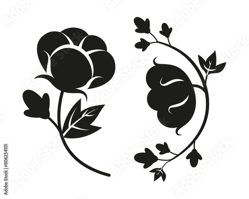 Organic ripe cotton sprout logo black silhouette round frame pattern with leaves and buds. Flat doodle style. Vector illustration.