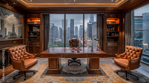 Elegantly designed office interior featuring a large wooden desk, leather chairs, and panoramic city views.