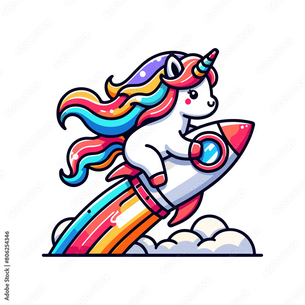 cute icon character unicorn riding space rocket