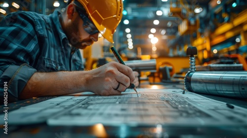 A close-up view captures the meticulousness of steel engineering, with hands drafting precise blueprints.