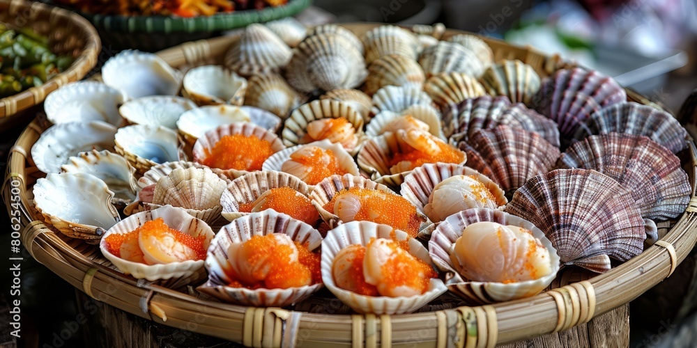 Assortment of shell seafood placed in a bamboo woven plate Assortment of shell seafood placed in a bamboo woven plate