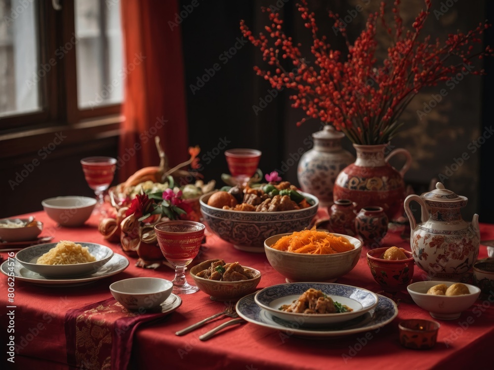 Festive Lunar New Year Table SettingElegant Decorations and Arrangements