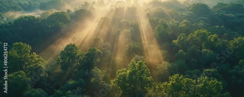 Majestic Woodland at Sunrise. Aerial Photograph with Light Rays coming through Trees. Nature Background.