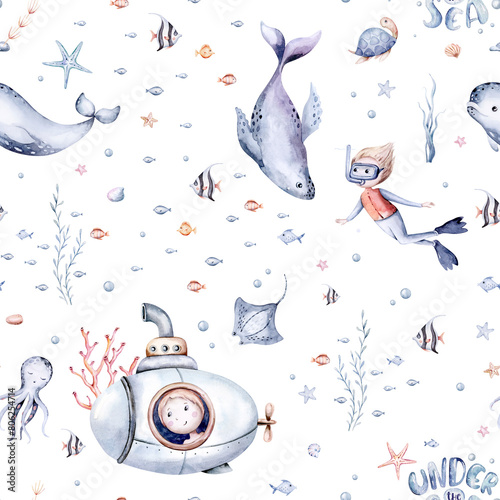Watercolor seamless pattern with cute cartoon kids baby boy submarine, corals, seahorse fish and dolphin. Texture for wallpaper, print, , cover design, travel, fabric, kids design.