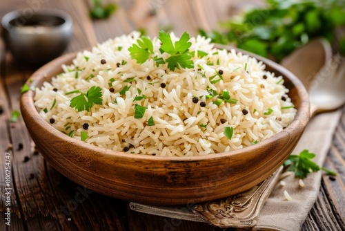Indian Basmati Rice Served in a Wooden Plate - Authentic Cuisine, Traditional Meal