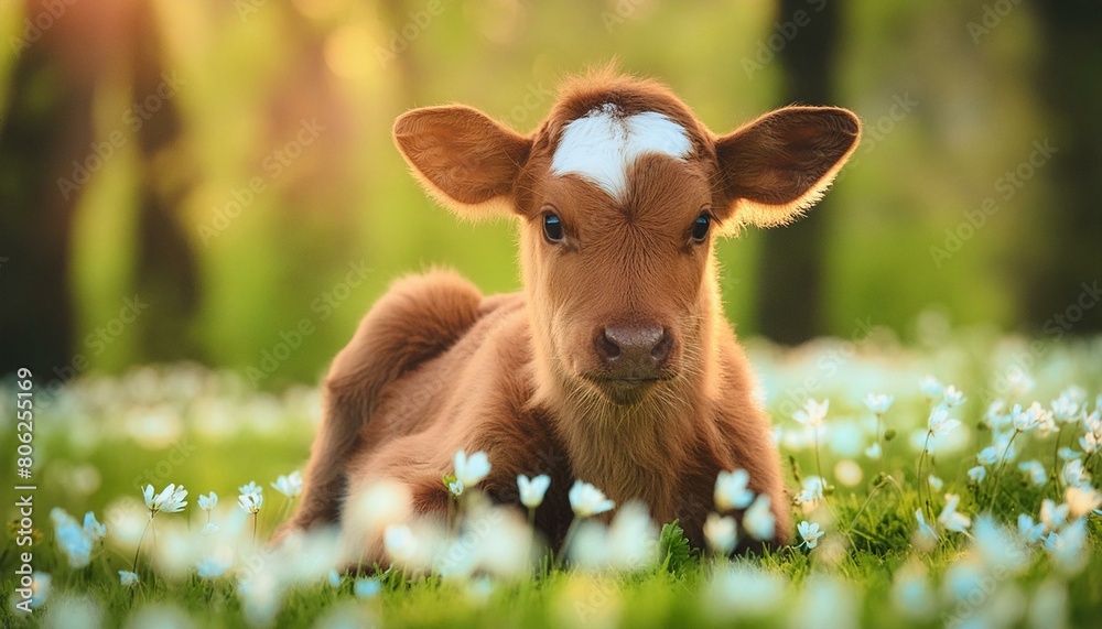 Amongst Blooms and Grass: A Brown Calf's Serene Meadow Stroll Amongst Blooms and Grass: A Brown Calf's Serene Meadow Stroll