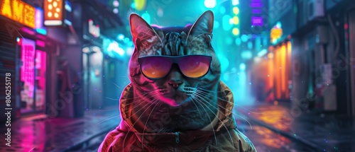 Cat cyberpunk posing as hip hop superstar, with futuristic cityscape as background