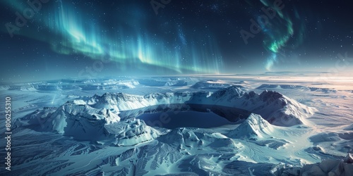 From above aurora borealis illuminates the night sky above a serene volcanic crater lake in Iceland  flanked by snow-capped mountains and intricate patterns of river deltas
