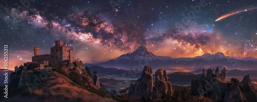 Milky way and meteor in the castle photo