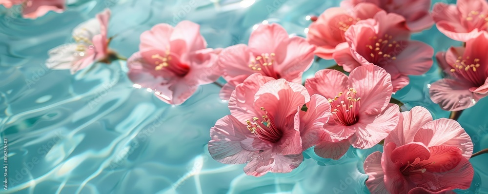 pink flowers over blue pool pink flowers over blue pool