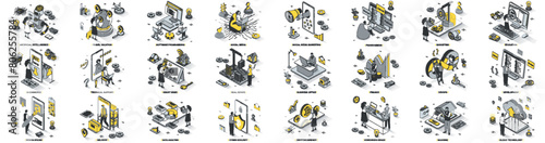 Mega set of isometric concepts. Contains such isometry Business, Commerce, Marketing, Banking, Development, Travel, DevOps, Cloud Computing, Social Media and more. Bundle vector illustrations.