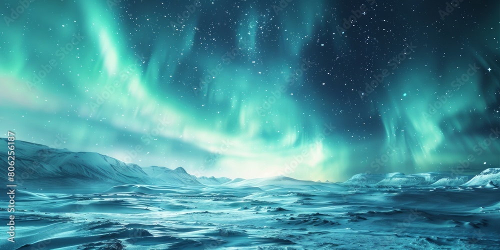 Winter Terrain with Aurora Lights. Green Sky Background with copy-space.
