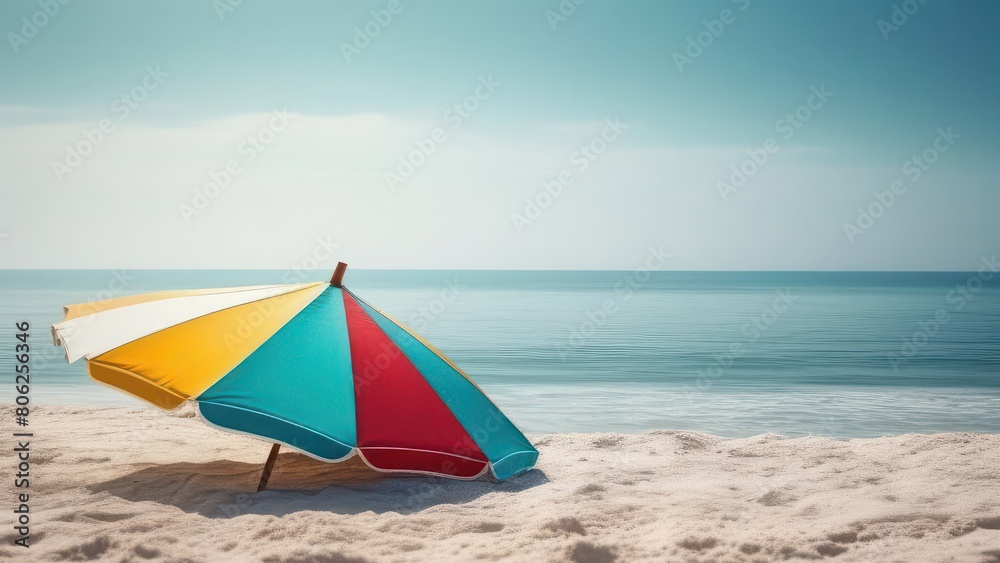 A colorful beach umbrella stands out against the azure waters and sandy shores, creating a lively and inviting scene A colorful beach umbrella stands out against the azure waters and sandy shores, creating a lively and inviting scene