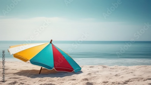 A colorful beach umbrella stands out against the azure waters and sandy shores  creating a lively and inviting scene