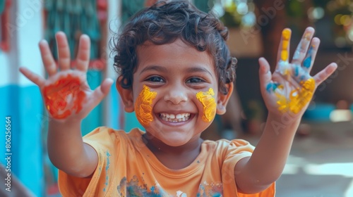A joyful African kid beams with happiness as hands are adorned with vibrant blue paint, showcasing the creativity and joy of childhood through colorful artistic expression.
