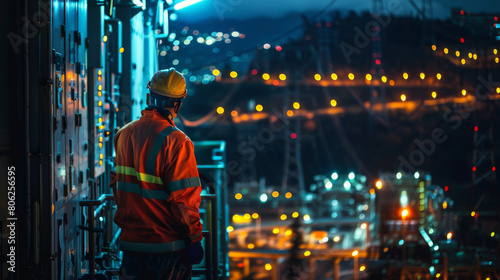 Engineer in safety gear inspecting a bustling industrial area under the night lights. photo