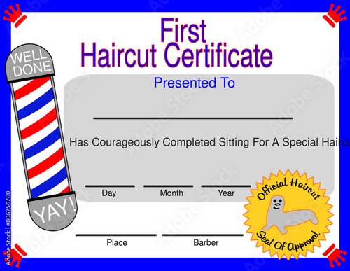 First Haircut Certificate achievement presented to a male child after a haircut. Toddler, Award, Success.