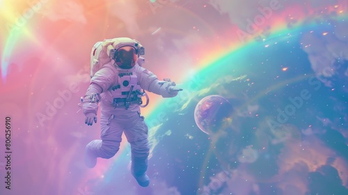 An astronaut floats in space, with a rainbow colored cosmos in the background