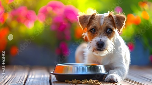 Eager dog anticipating food by a wooden bowl. Concept Pets, Dogs, Anticipation, Food, Wooden Bowl photo