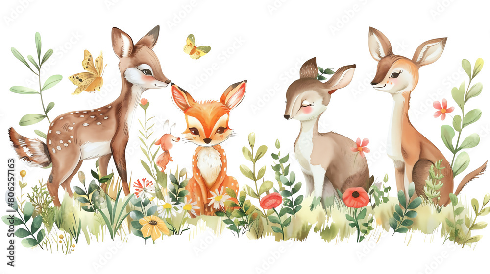 Naklejka premium Cute watercolor woodland animals. Deer, fox and hares in the forest.
