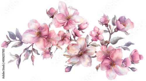 Delicate pink cherry blossoms with visible stamens  arranged in a horizontal line on a transparent background.