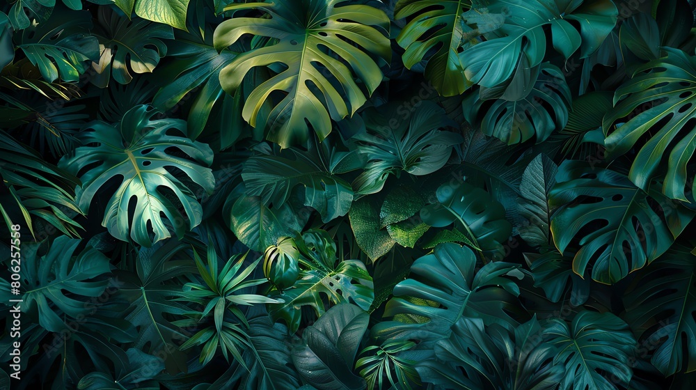 Fototapeta premium Tropical Plants - Lush green foliage against a deep jungle green