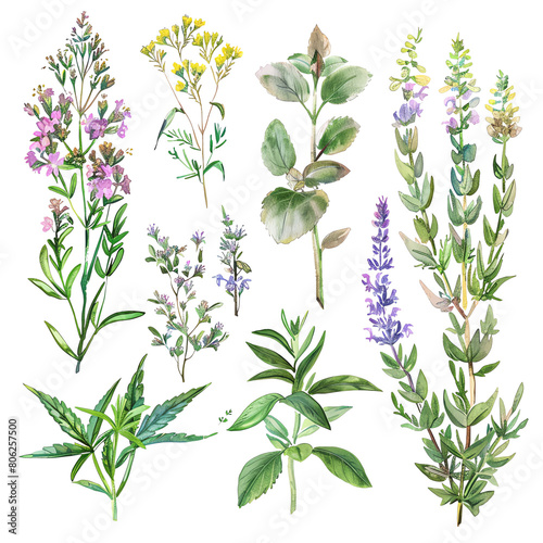 Set of watercolor hand drawn medicinal herbs and flowers.