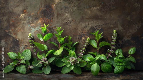 Medicinal Herbs - Cluster of herbs in vibrant green on earthy brown photo