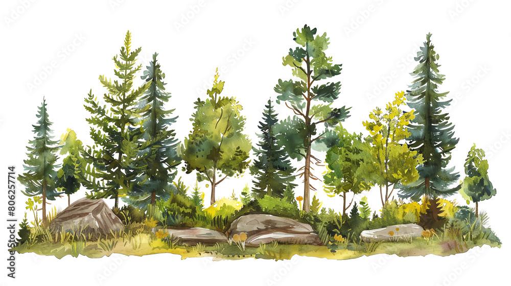 Fototapeta premium The image shows a beautiful green forest with a lot of tall trees and rocks on the ground. The forest is full of life.