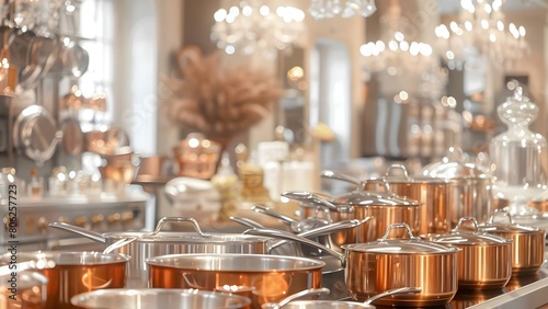 Silver pots and pans line the counter beneath elegant chandeliers. Concept Kitchen Decor  Home Interior Design  Elegant Lighting  Cookware Collection
