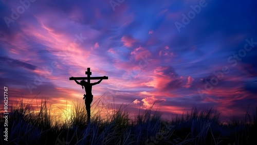 Easter Resurrection: Silhouette of Jesus on the Cross Against Colorful Sunset. Concept Religious Symbolism, Easter Celebration, Crucifixion Art, Spiritual Imagery, Colorful Silhouette