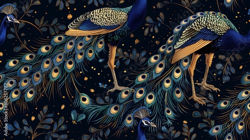 A dark blue background with a pattern of peacocks with golden feathers. photo
